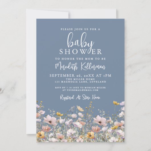 Blue Wildflower Baby Shower Einladung (Vorderseite)