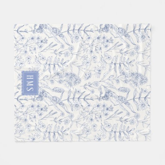 Blue Wildflower Botanical Monogram Fleecedecke (Vorderseite (Horizontal))