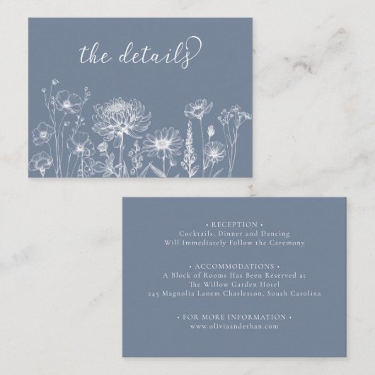 Blue Wildflower Details Card Periwinkle Wedding Begleitkarte (Vorne/Hinten)