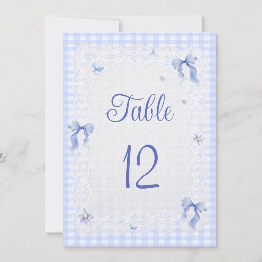 Blue Wildflower Floral  Bow Gingham Table Number (Vorderseite)