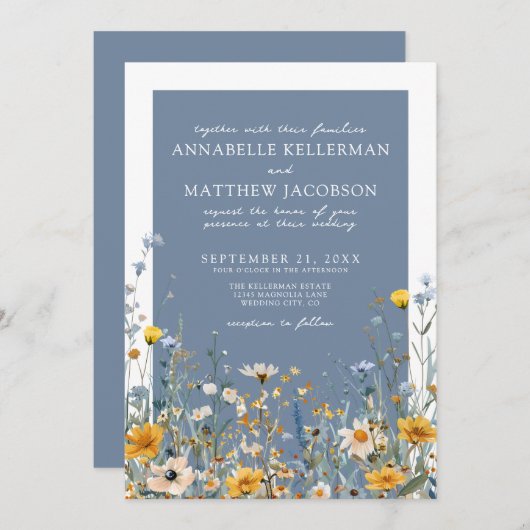 Blue Wildflower Floral Wedding Einladung (Vorne/Hinten)