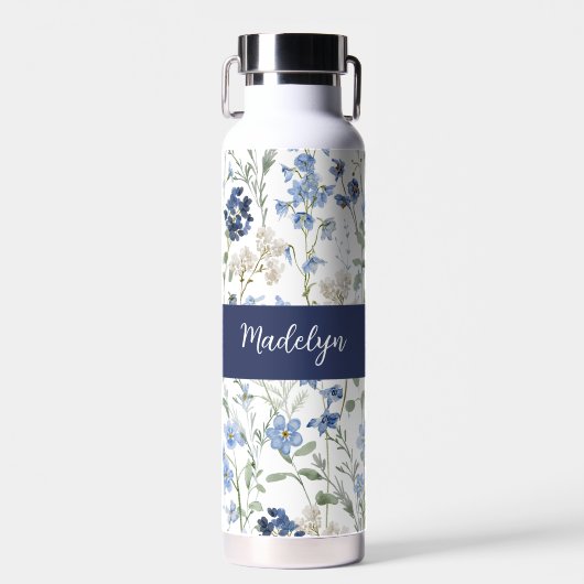 Blue Wildflower Watercolor Monogram Name Trinkflasche (Vorne)