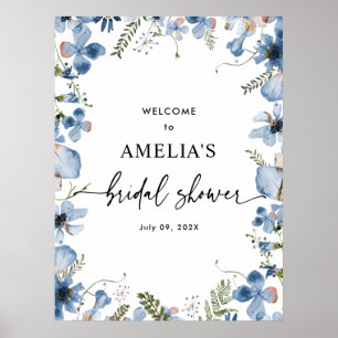 Blue Wildflowers Bridal Shower Welcome Sign Poster
