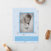 Blue Wildflowers Silver Photo Naming Ceremony Mitteilungskarte (Vorderseite/Rückseite Beispiel)