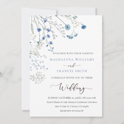 blue wildflowers wedding invitation einladung (Vorderseite)