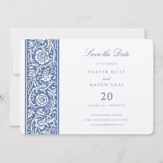 Blue William Morris Save the Date Einladung (Vorderseite)