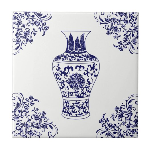 Blue Willow Chinoiserie White und Blue Ginger Jar Fliese (Vorderseite)