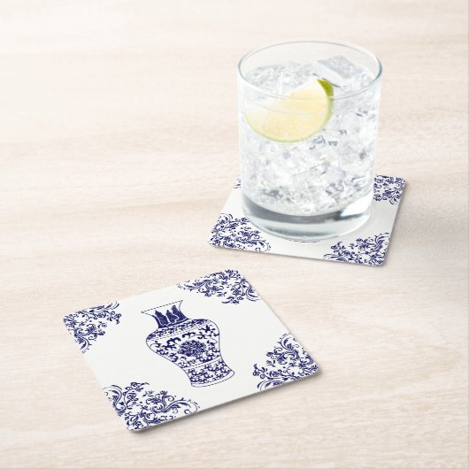 Blue Willow Chinoiserie White und Blue Ginger Jar Rechteckiger Pappuntersetzer (Vor Ort)