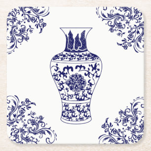Blue Willow Chinoiserie White und Blue Ginger Jar Rechteckiger Pappuntersetzer