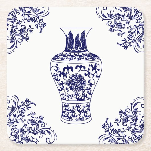 Blue Willow Chinoiserie White und Blue Ginger Jar Rechteckiger Pappuntersetzer (Vorderseite)