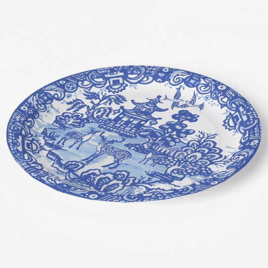 Blue Willow Deer Asian Tempel Pappteller (Schrägansicht)