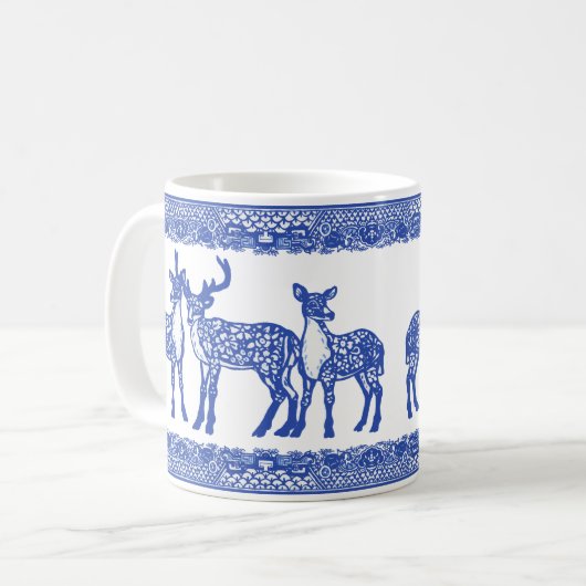 Blue Willow Deer Buck Doe Einziges Whimsisches Tie Kaffeetasse (Vorderseite Links)