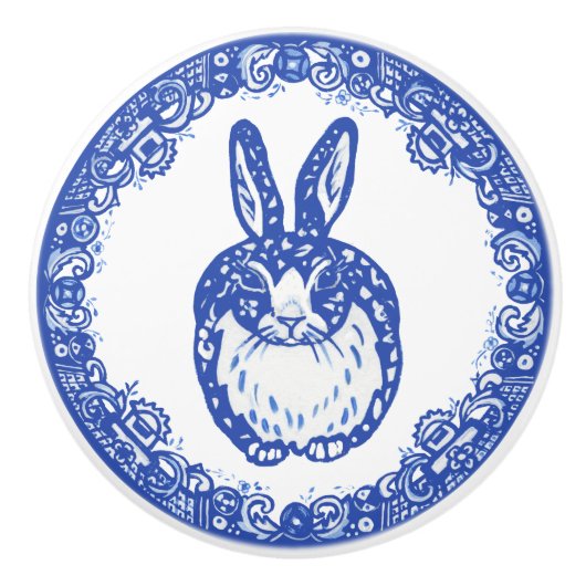 Blue Willow Design Bunny Rabbit Niedlich Whimsical Keramikknauf (Vorderseite)