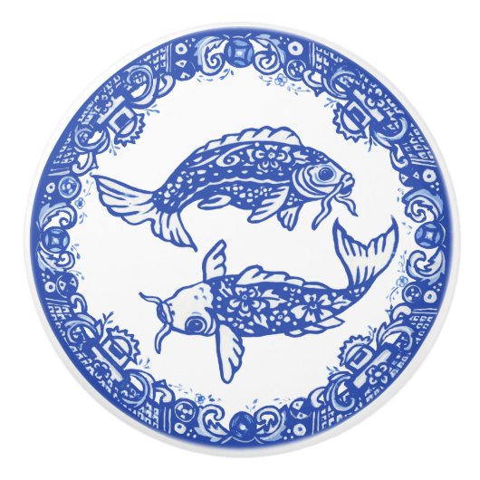 Blue Willow Design Floral Koi Fisch Oriental Einzi Keramikknauf (Vorderseite)