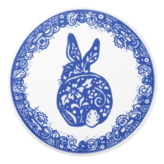 Blue Willow Design Rabbit Niedliche Gesichter Link Keramikknauf (Vorderseite)