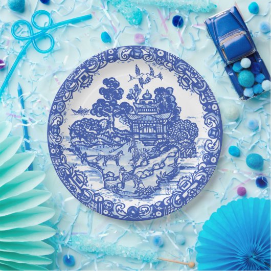 Blue Willow Fox Island Asian Tempel Garten Pappteller (Party)