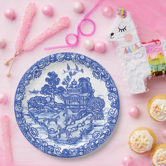 Blue Willow Fox Island Asian Tempel Garten Pappteller (Party)
