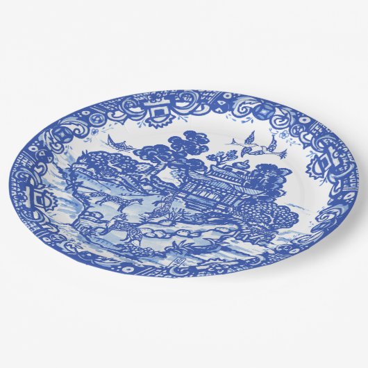 Blue Willow Fox Island Asian Tempel Garten Pappteller (Schrägansicht)