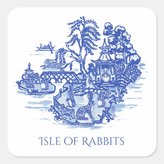 Blue Willow I Liebe Rabbits Classic Chinoiserie Quadratischer Aufkleber (Vorderseite)