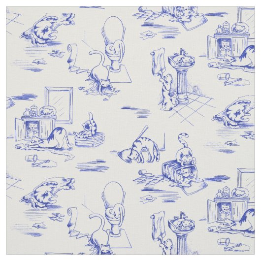 Blue Willow Kitty Cat Bad Toile Stoff (Muster)
