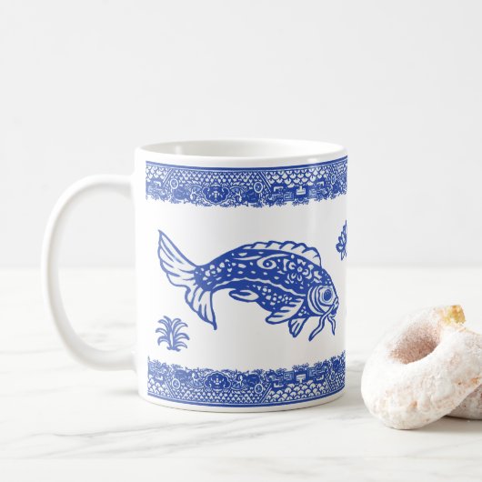Blue Willow Koi Fischmuster Einzigartig Whimsical Kaffeetasse (Mit Donut)