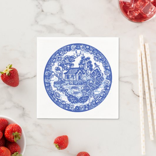 Blue Willow Lucky Cat Koi Bird Asian Tempel Garden Serviette (Beispiel)