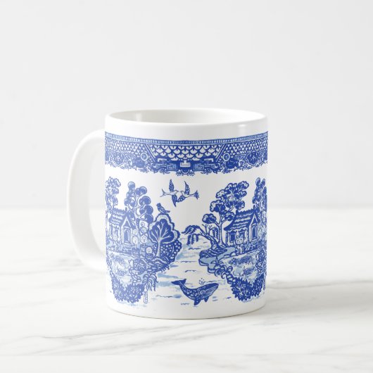 Blue Willow Lucky Cat Koi Isle of Animals Spaß Kaffeetasse (Vorderseite Links)