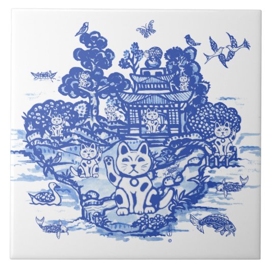 Blue Willow Lucky Cat Whimsica Chinoiserie Kunst,  Fliese (Vorderseite)