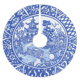 Blue Willow Oriental Rabbit Whimsical Blue & White Polyester Weihnachtsbaumdecke