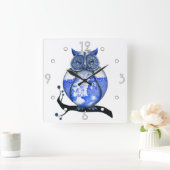 Blue Willow Owl Wall Clock Quadratische Wanduhr (Zuhause)