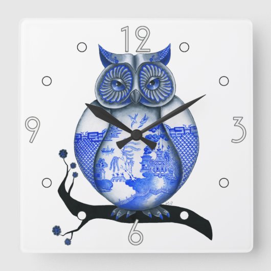 Blue Willow Owl Wall Clock Quadratische Wanduhr (Vorderseite)