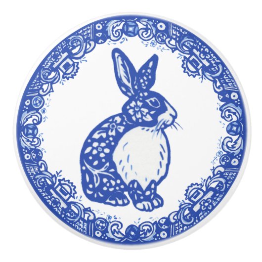 Blue Willow Pattern Rabbit Niedliche Gesichter rec Keramikknauf (Vorderseite)