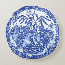 Blue Willow Peacock Island Asiatischer Tempel Rundes Kissen