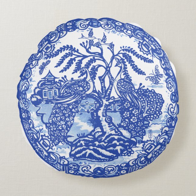 Blue Willow Peacock Island Asiatischer Tempel Rundes Kissen (Vorderseite)