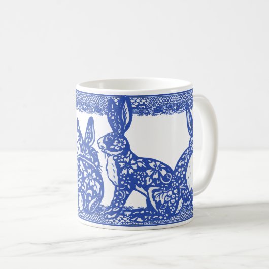 Blue Willow Rabbit Bunny Large Pattern Whimsical Kaffeetasse (VorderseiteRechts)