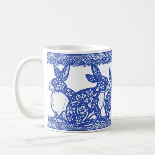 Blue Willow Rabbit Bunny Large Pattern Whimsical Kaffeetasse (Links)