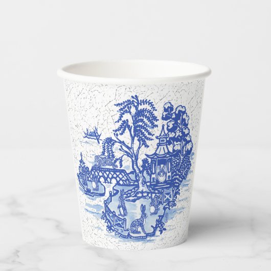 Blue Willow Rabbit Classic Whimsical Pottery Pappbecher (Vorderseite)