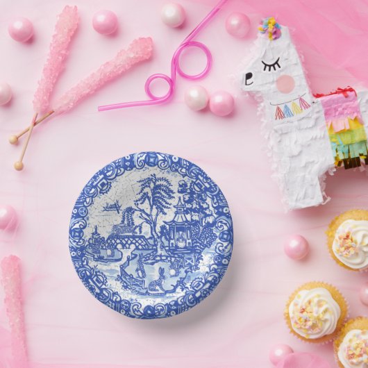 Blue Willow Rabbit Classic Whimsical Pottery Pappteller (Party)