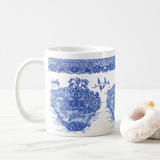 Blue Willow Rabbit Hare Isle of Animals Spaß Kunst Kaffeetasse (Mit Donut)