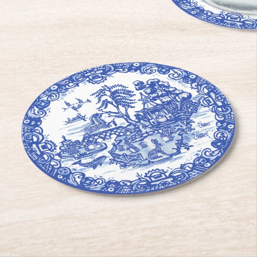 Blue Willow Rabbit Island Antiquitätenmuseum Runder Pappuntersetzer (Angewinkelt)