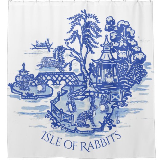 Blue Willow Rabbit Island Whimsical Chinoiserie Duschvorhang (Vorderseite)