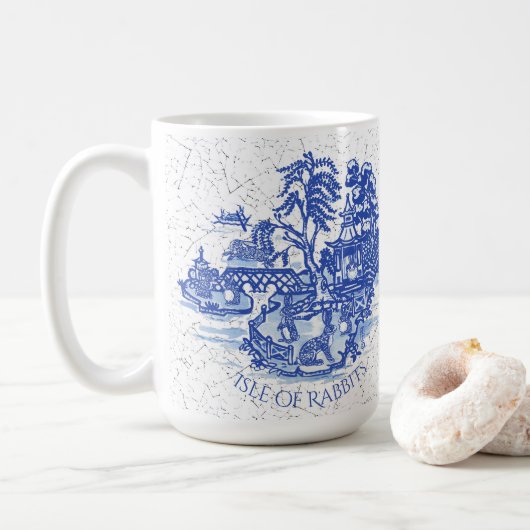 Blue Willow Rabbit Island Whimsical Crackle Look Kaffeetasse (Mit Donut)