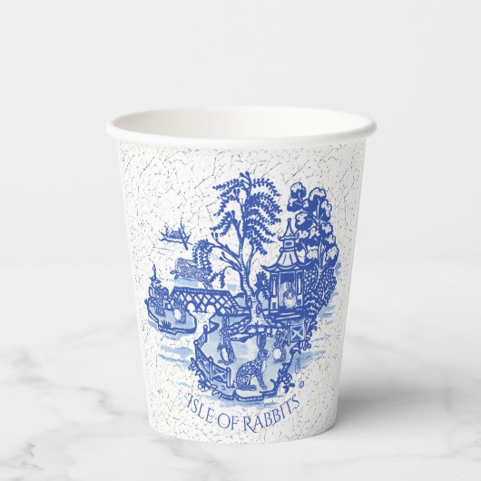 Blue Willow Rabbit Island Whimsical Crackle Look Pappbecher (Rückseite)