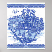 Blue Willow Rabbit Island Whimsical Oriental Art Poster (Vorne)