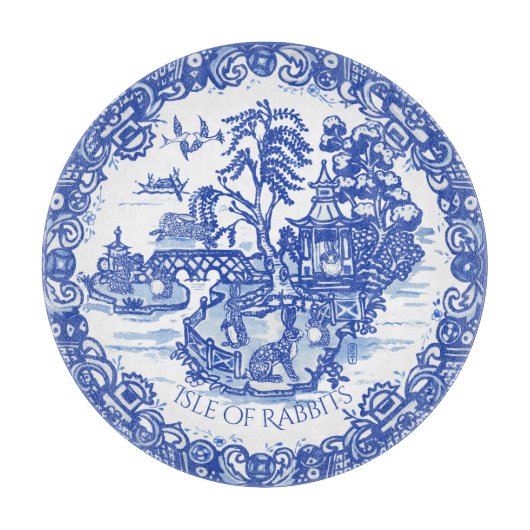 Blue Willow Rabbit Island White Whimsical Toile Schneidebrett (Vorderseite)