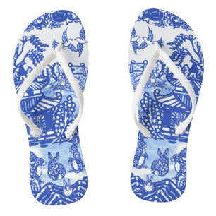 Blue Willow Rabbit Oriental Garden Whimsical Bunny Badesandalen