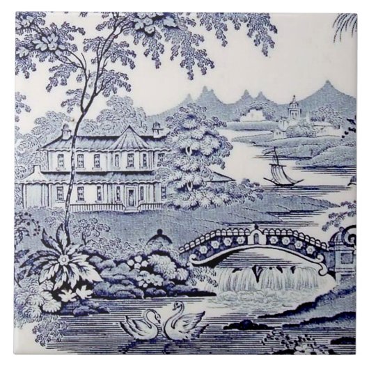 Blue Willow Repro 1899 English Viktorianisch Tile Fliese (Vorderseite)