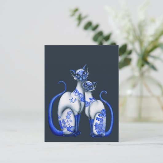 Blue Willow Siamese Cats Postkarte (Stehend Vorderseite)
