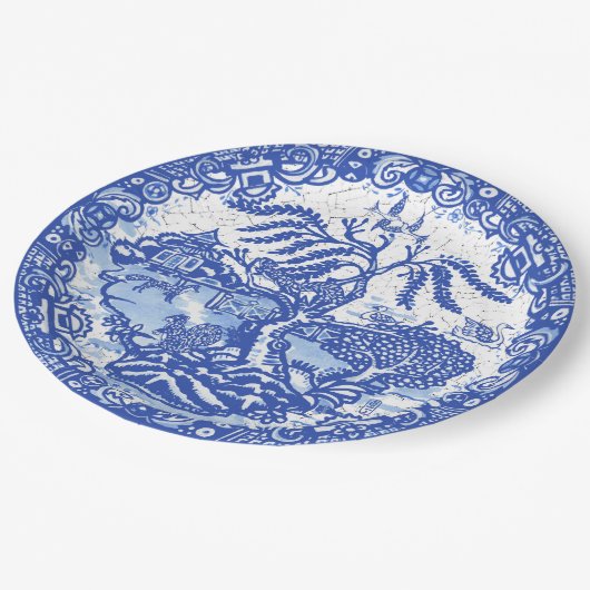 Blue Willow Squirrel Bird Fox Asian Temple Crackle Pappteller (Schrägansicht)