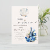 Blue Wine Roses Seashell Pearls & Prosecco  Einladung (Stehend Vorderseite)